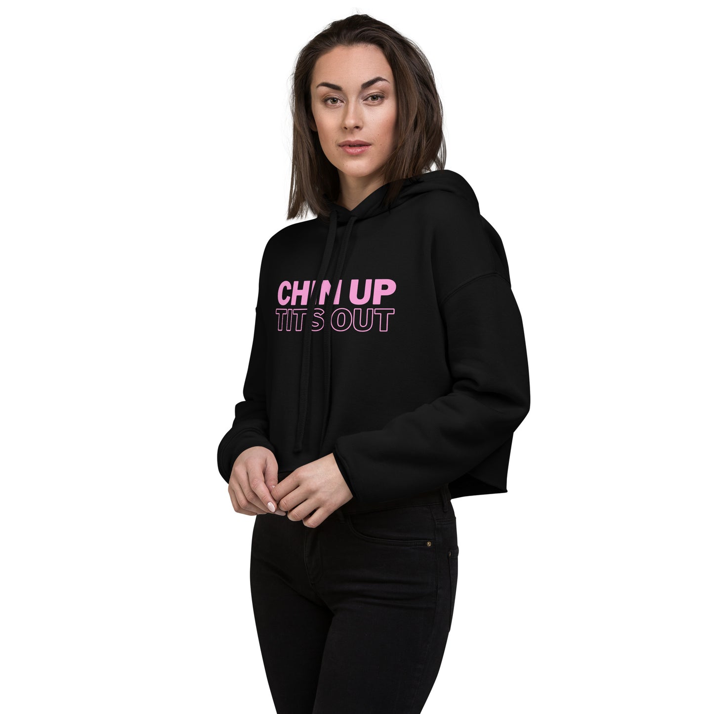 CHIN UP TITS OUT - Cropped Fleece Hoodie Black/Pink