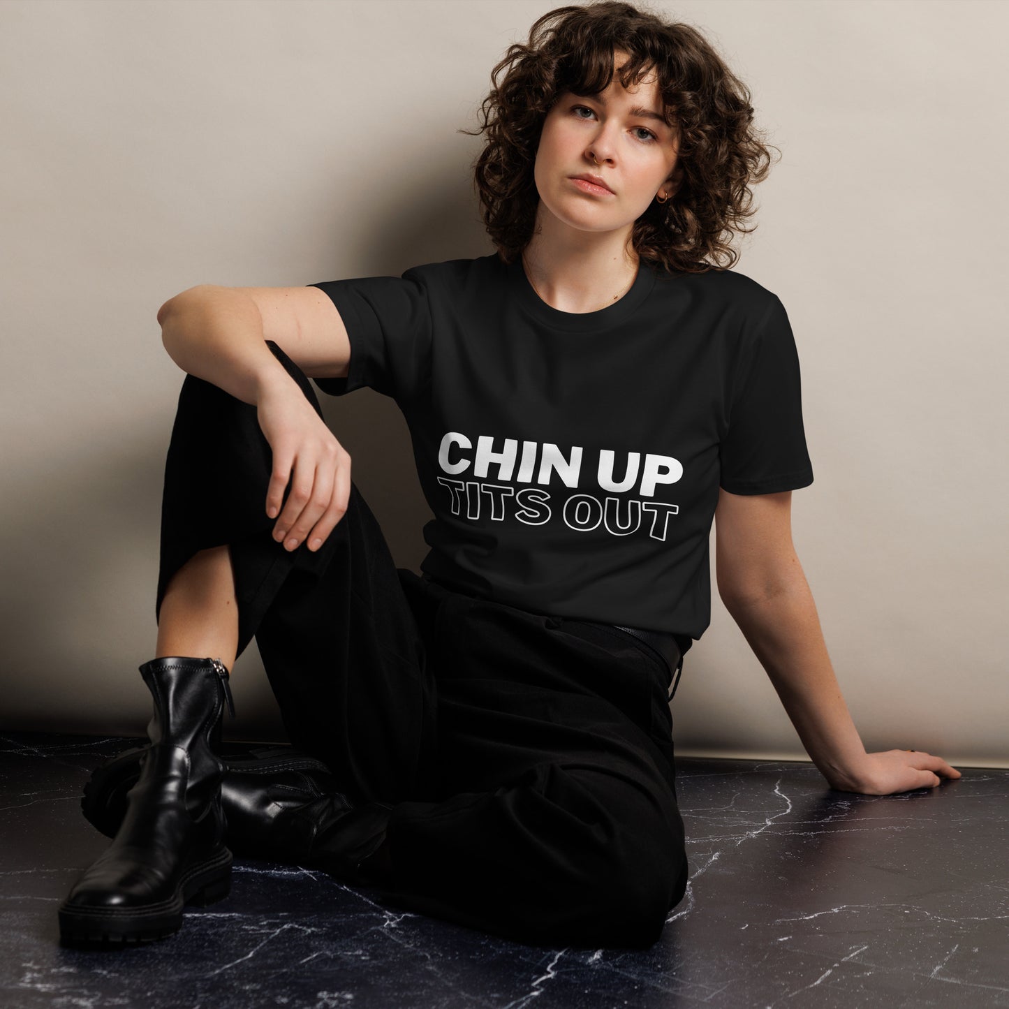 CHIN UP TITS OUT - Unisex Premium Soft-Touch Tee Black/White