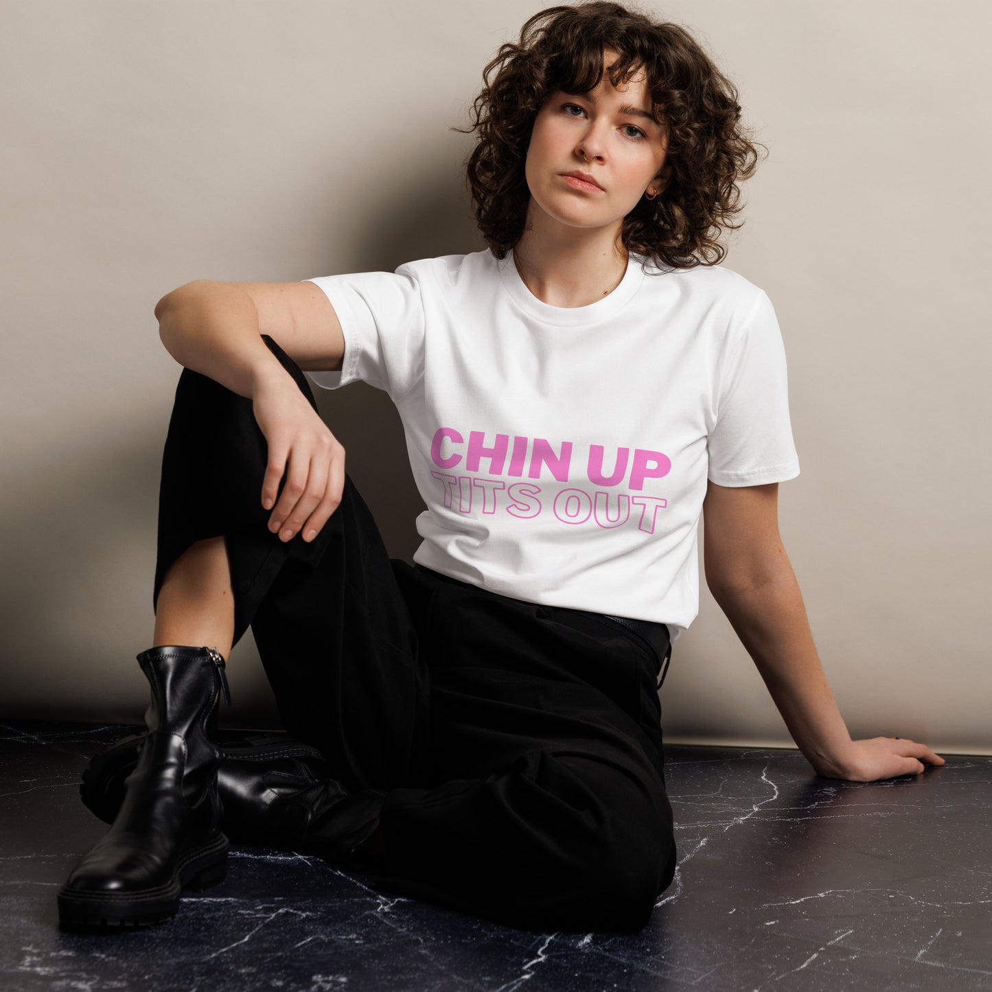 CHIN UP TITS OUT - Unisex Premium Soft-Touch Tee Pink