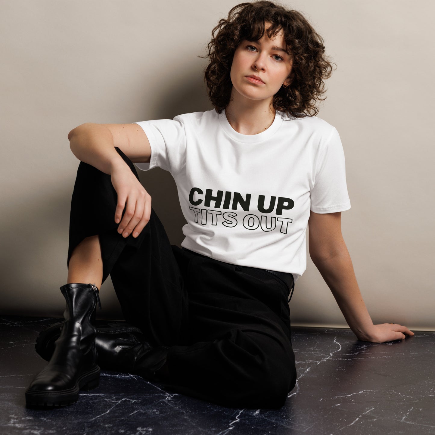 CHIN UP TITS OUT - Unisex Premium Soft-Touch Tee White/Black