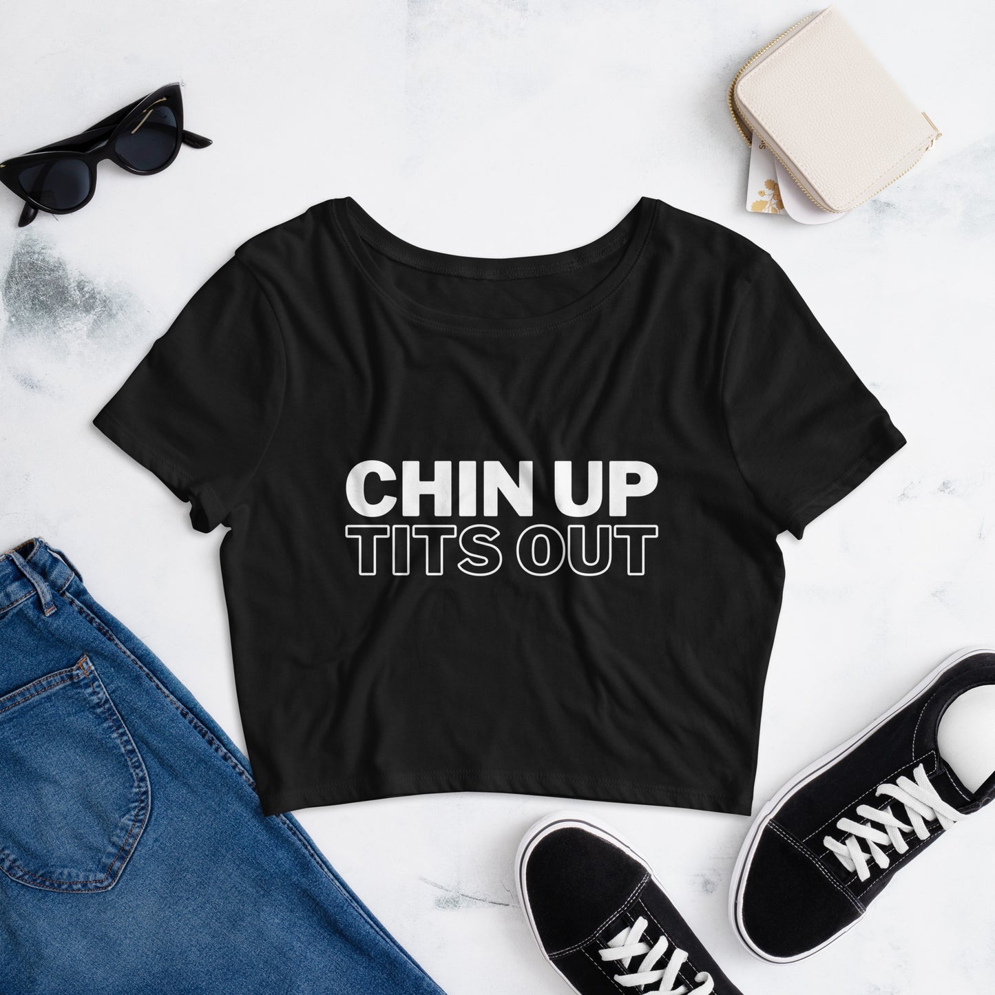 CHIN UP TITS OUT - Women’s Crop Tee Black/White