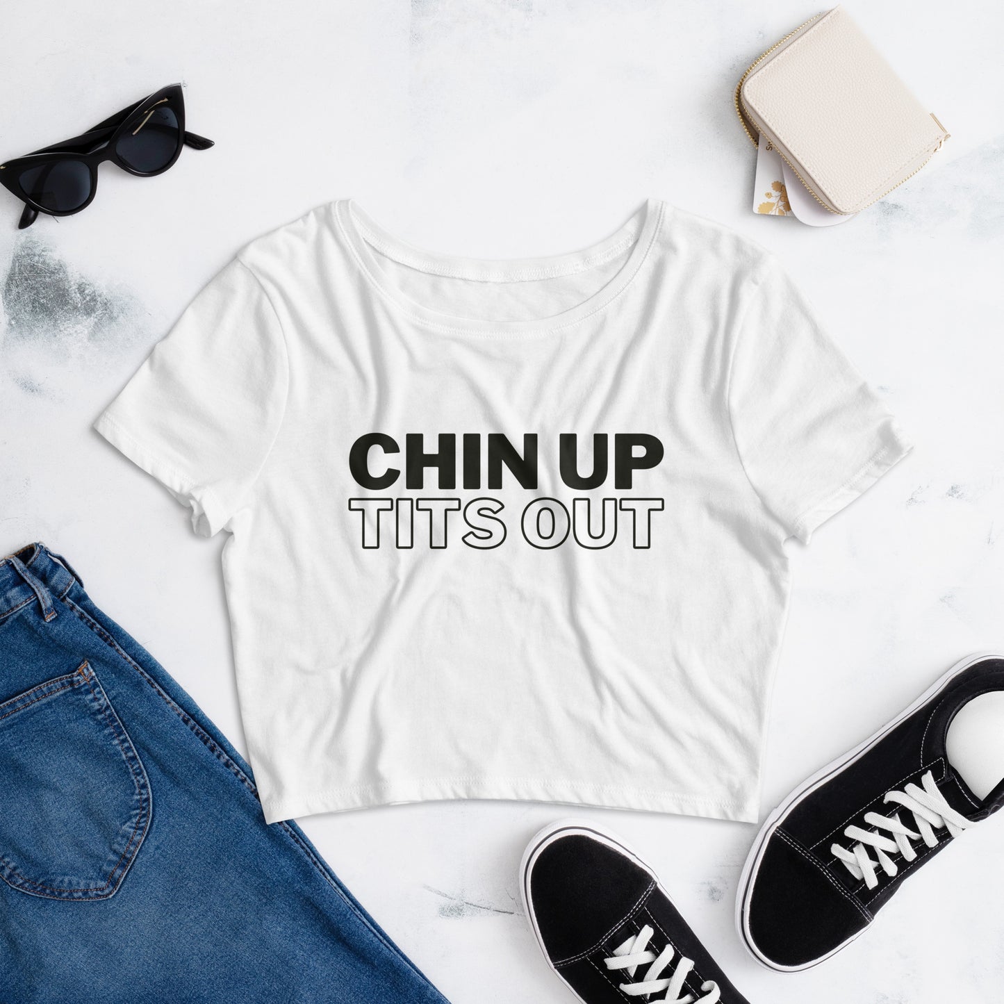 CHIN UP TITS OUT - Women’s Crop Tee White/Black