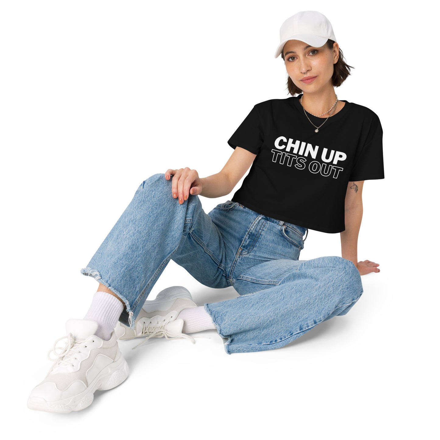 CHIN UP TITS OUT - Women's Relaxed Fit Crop Top Black/White