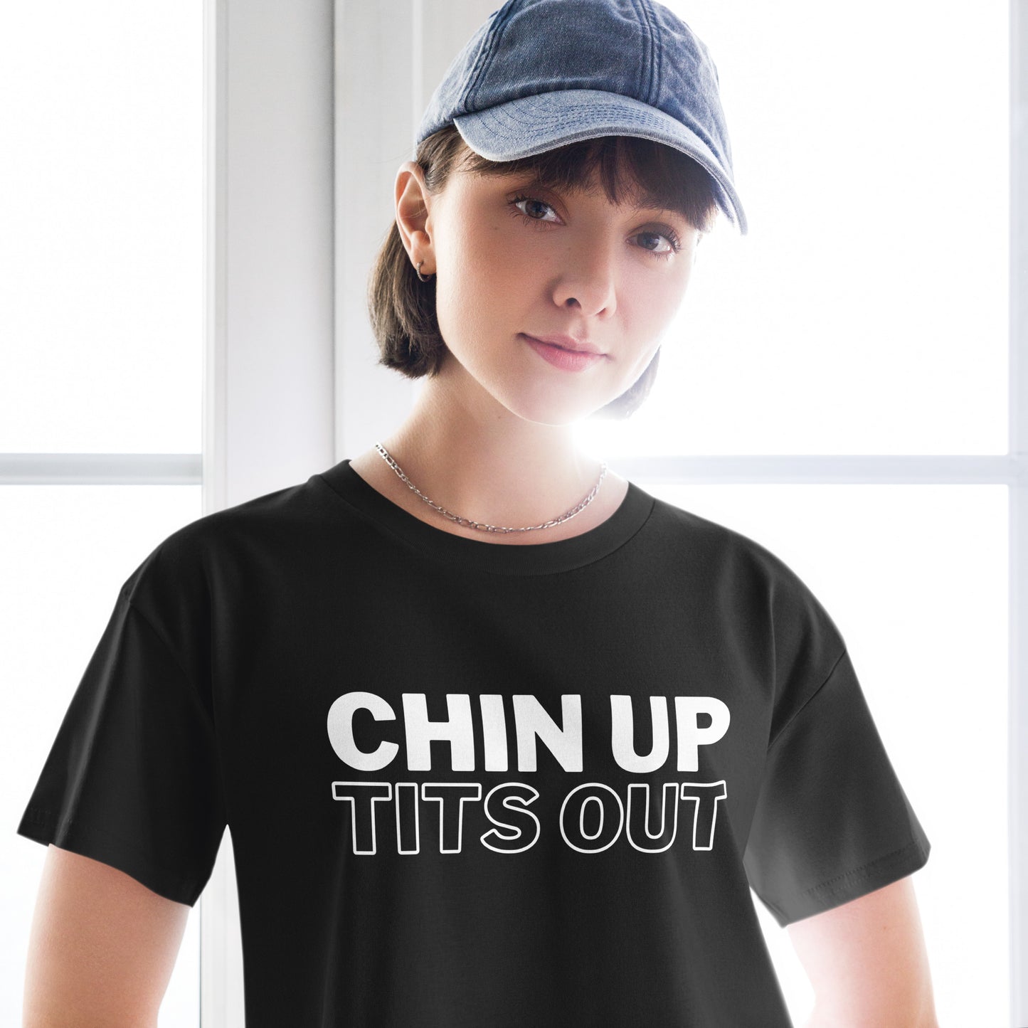 CHIN UP TITS OUT - Women's Relaxed Fit Crop Top Black/White