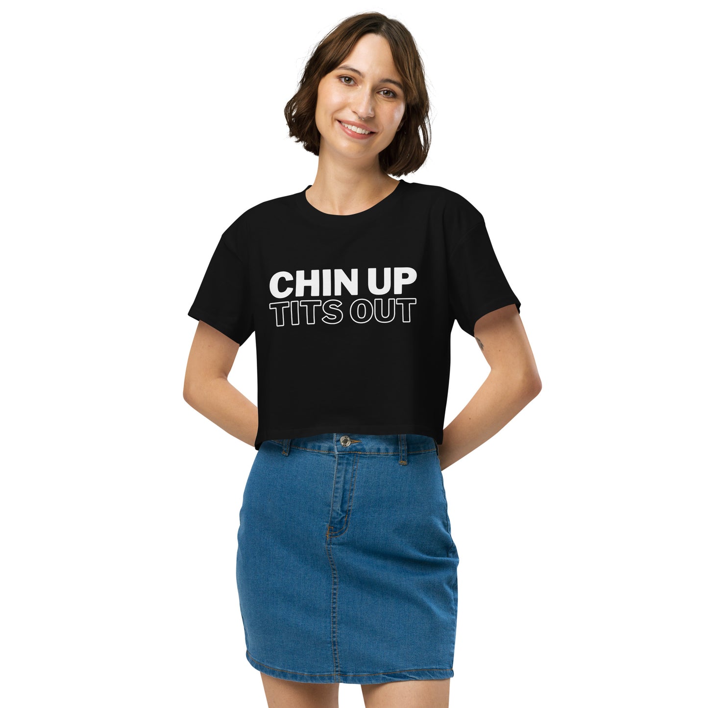 CHIN UP TITS OUT - Women's Relaxed Fit Crop Top Black/White