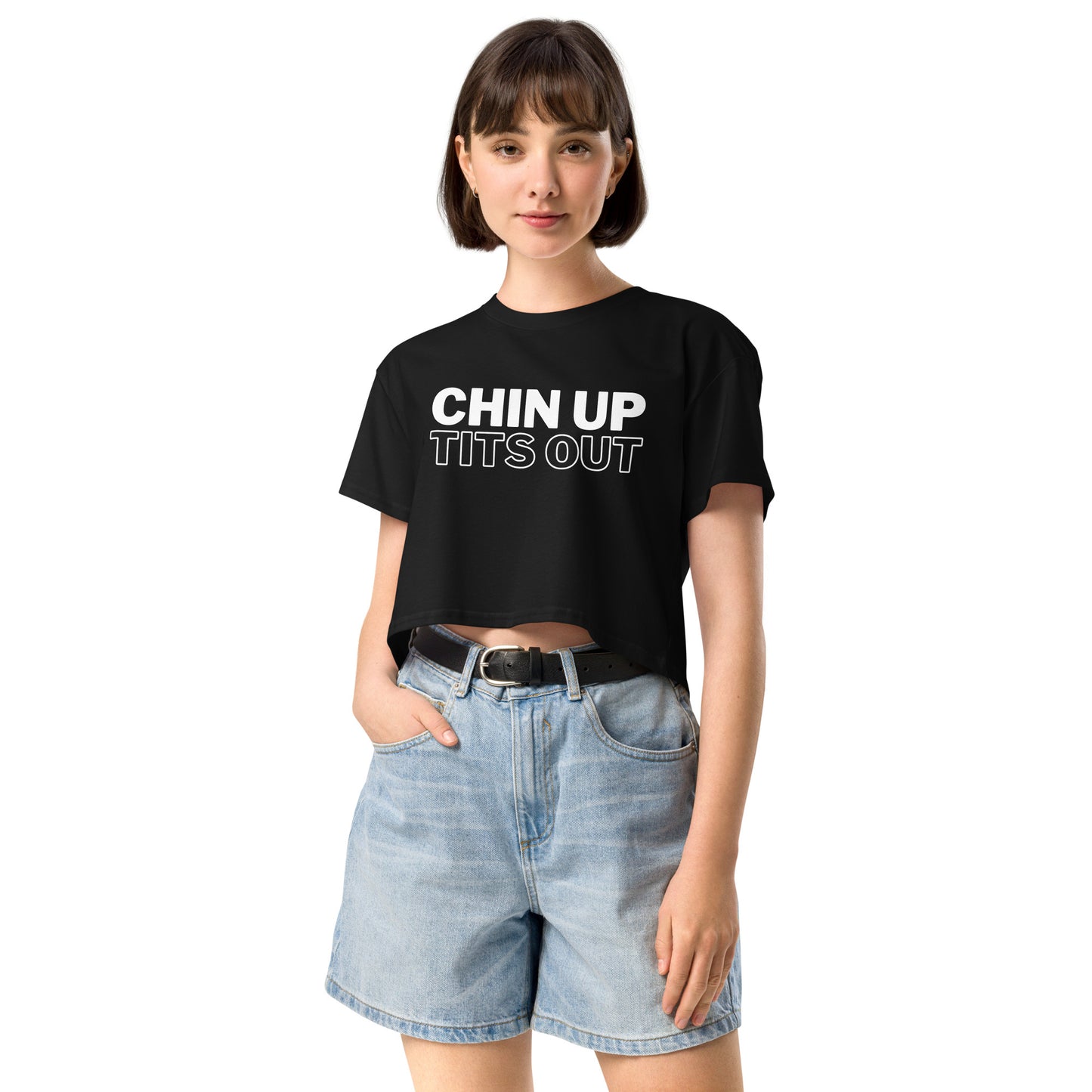 CHIN UP TITS OUT - Women's Relaxed Fit Crop Top Black/White