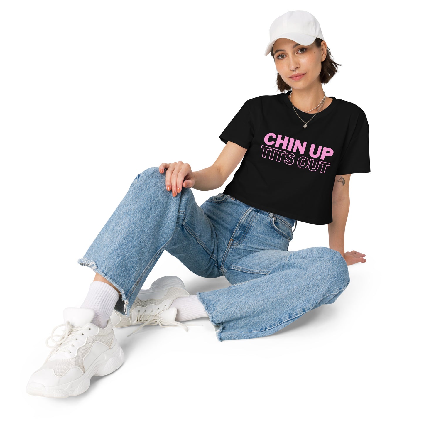 CHIN UP TITS OUT - Women's Relaxed Fit Crop Top Black/White/Pink