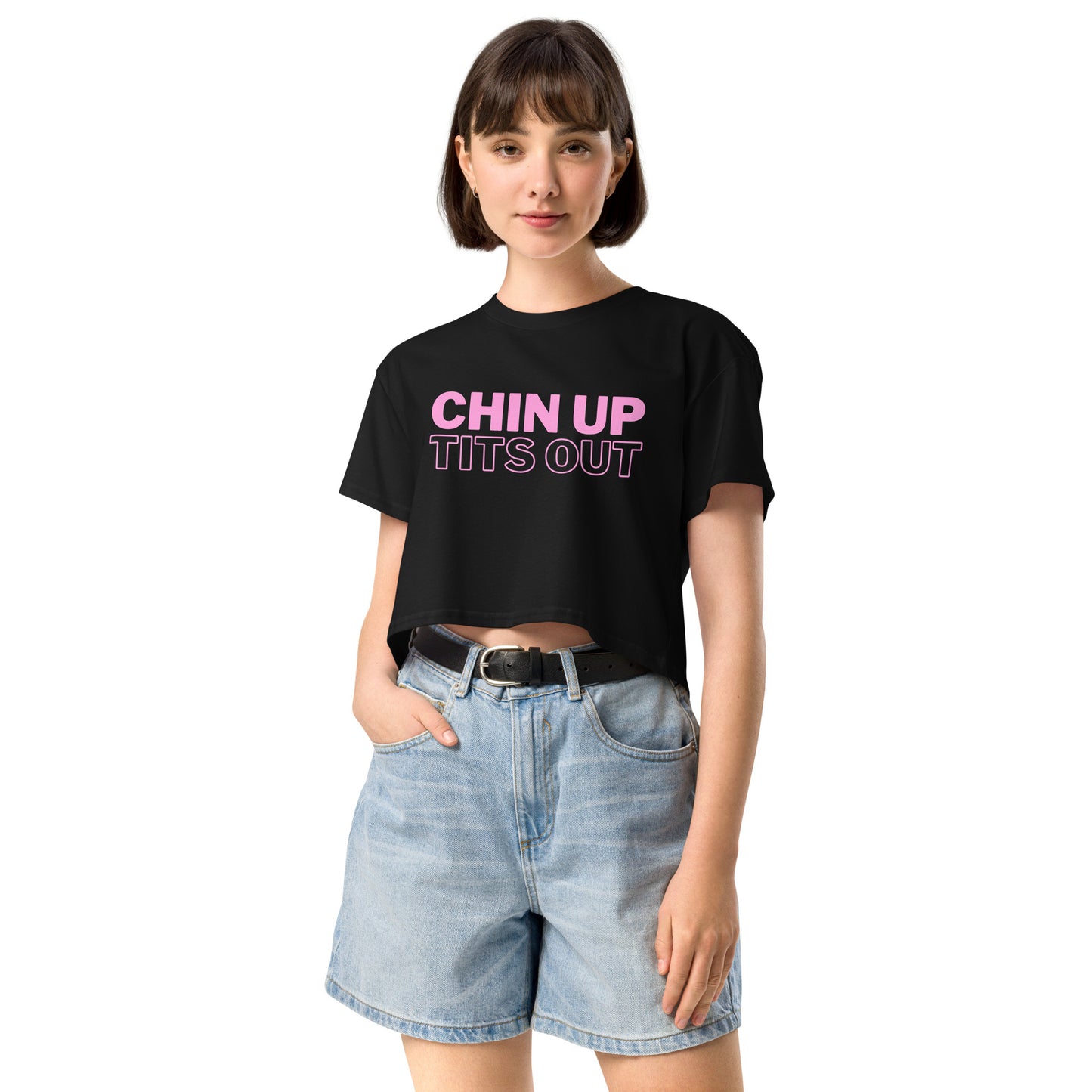 CHIN UP TITS OUT - Women's Relaxed Fit Crop Top Black/White/Pink