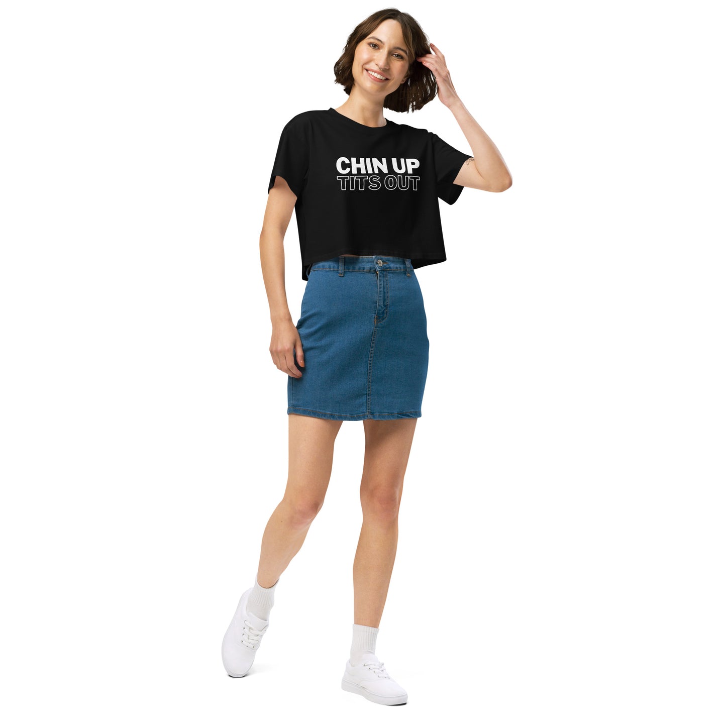 CHIN UP TITS OUT - Women's Relaxed Fit Crop Top Black/White