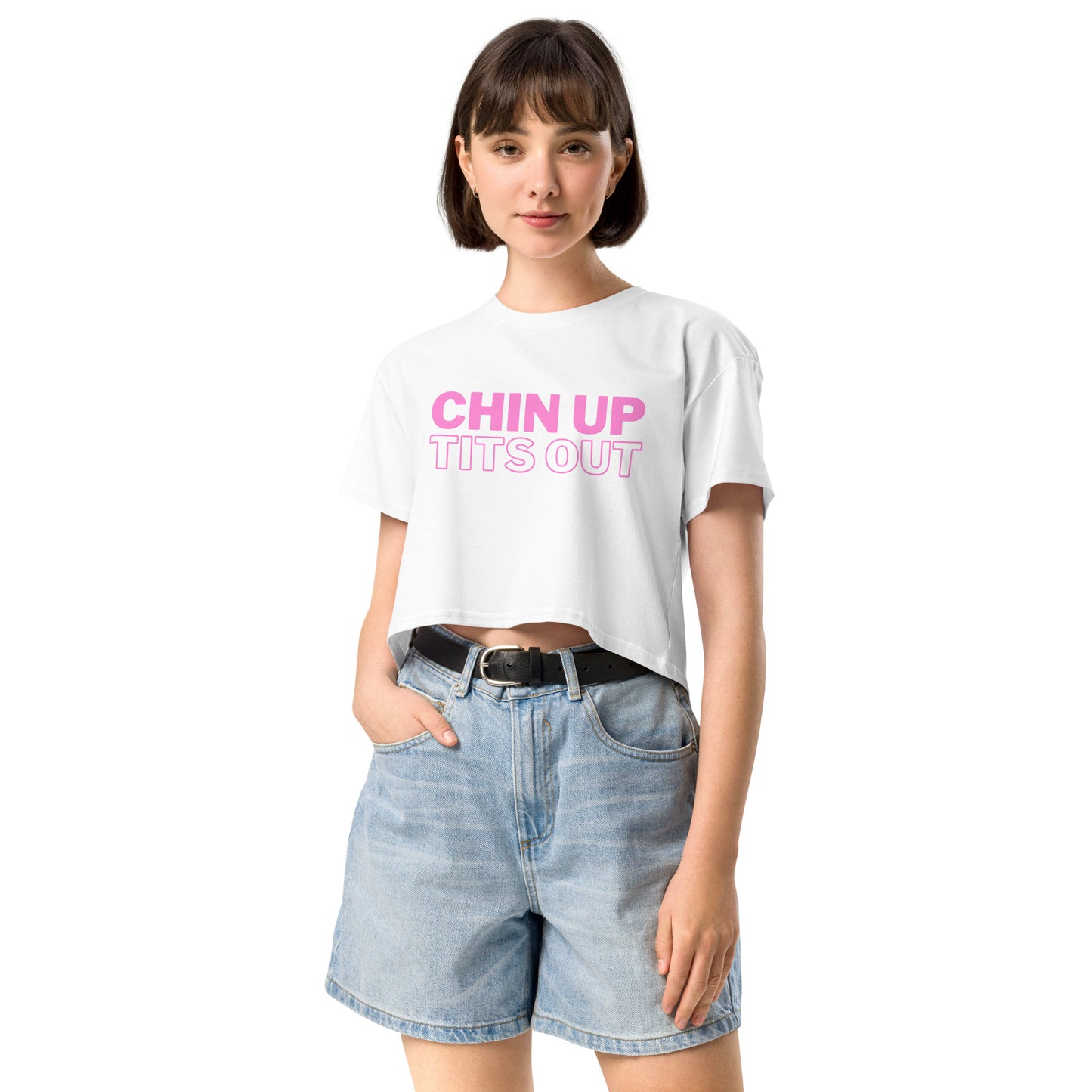 CHIN UP TITS OUT - Women's Relaxed Fit Crop Top Black/White/Pink