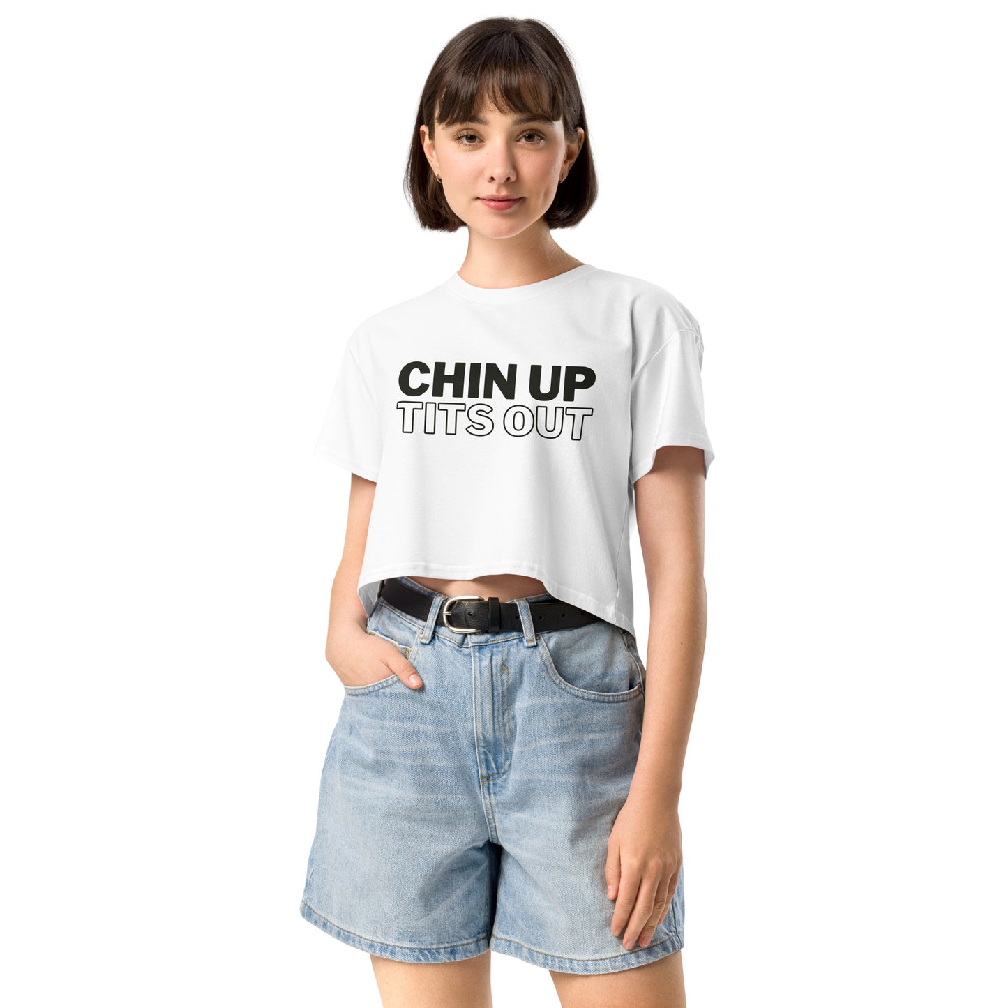 CHIN UP TITS OUT - Women's Relaxed Fit Crop Top White/Black