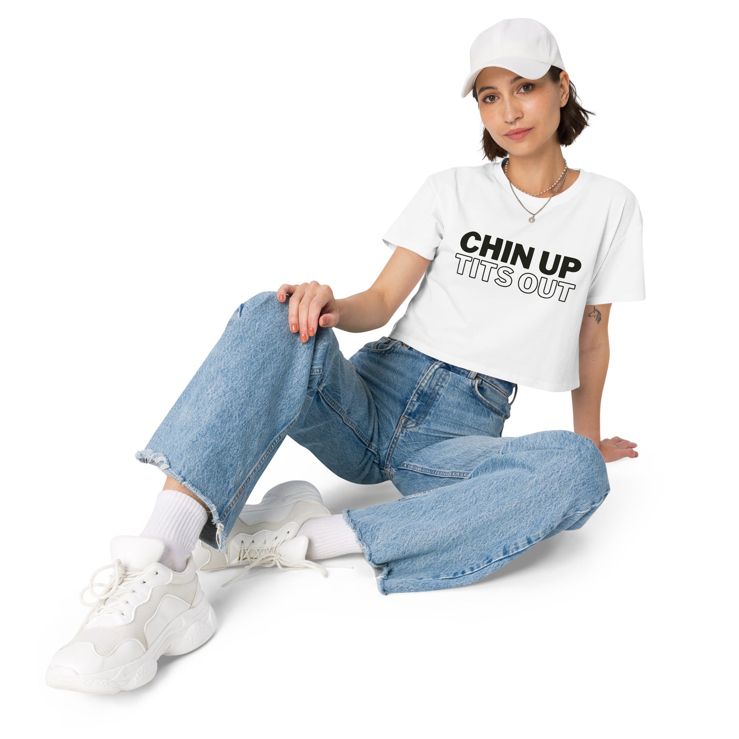 CHIN UP TITS OUT - Women's Relaxed Fit Crop Top White/Black