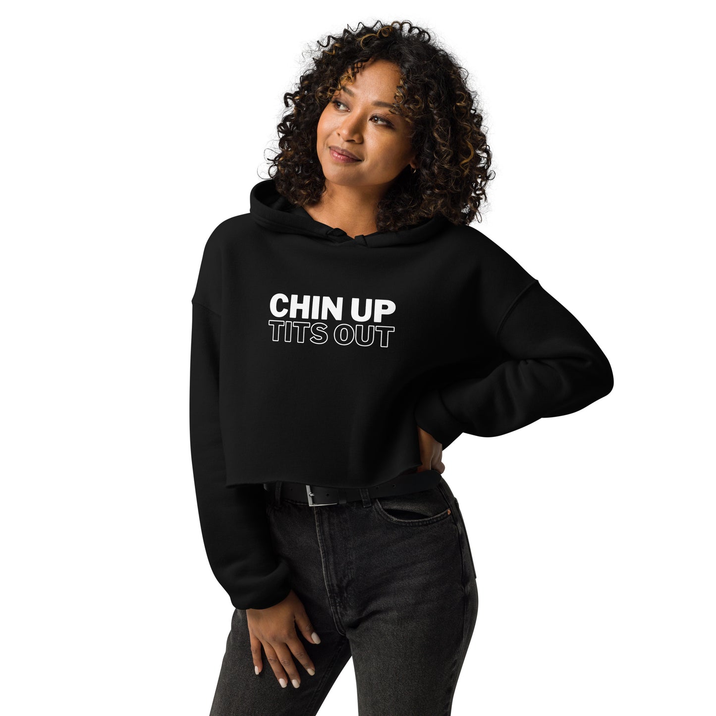 CHIN UP TITS OUT - Cropped Fleece Hoodie Black/White