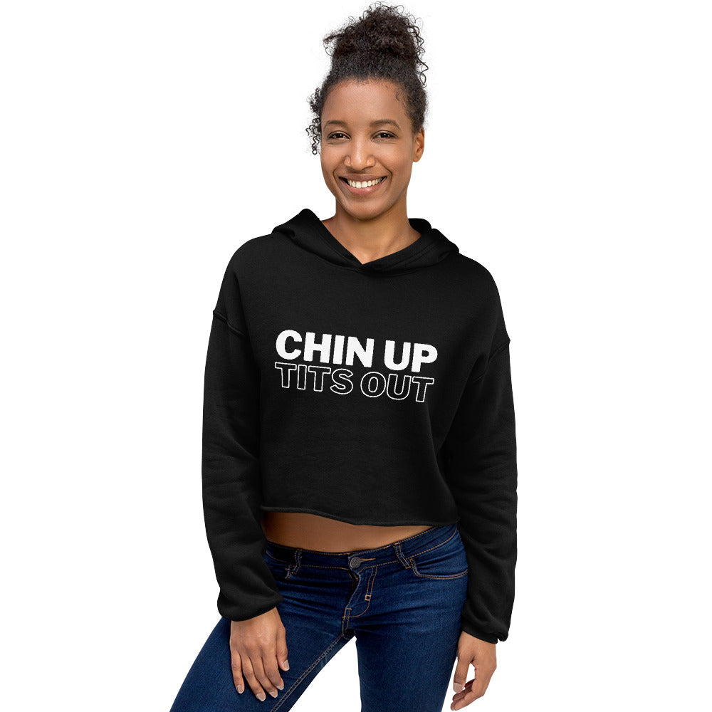 CHIN UP TITS OUT - Cropped Fleece Hoodie Black/White