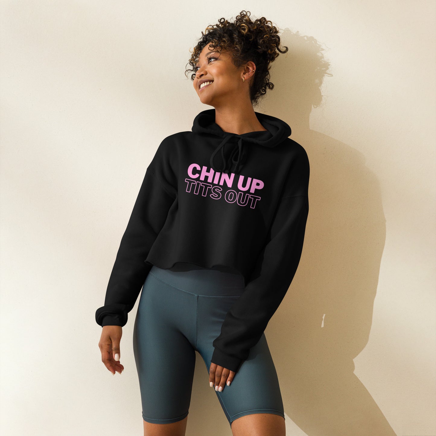 CHIN UP TITS OUT - Cropped Fleece Hoodie Black/Pink