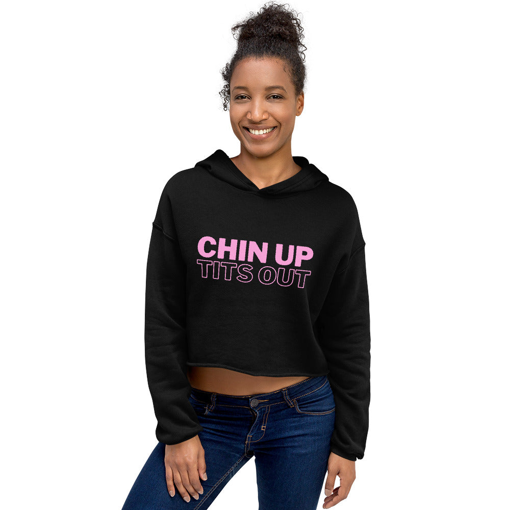 CHIN UP TITS OUT - Cropped Fleece Hoodie Black/Pink